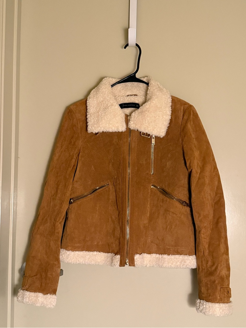 Zara Tan Suede Shearling Jacket with Cream Collar - Picture 2 of 5